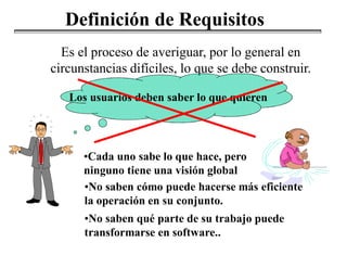 Es el proceso de averiguar, por lo general en
circunstancias difíciles, lo que se debe construir.
Los usuarios deben saber lo que quieren
•Cada uno sabe lo que hace, pero
ninguno tiene una visión global
•No saben qué parte de su trabajo puede
transformarse en software..
•No saben cómo puede hacerse más eficiente
la operación en su conjunto.
Definición de Requisitos
 