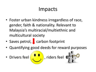 Impacts
• Foster urban kindness irregardless of race,
gender, faith & nationality. Relevant to
Malaysia’s multiracial/multiethnic and
multicultural society
• Saves petrol, carbon footprint
• Quantifying good deeds for reward purposes
• Drivers feel , riders feel
 