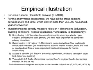 Empirical illustration 
• Peruvian National Household Surveys (ENAHO). 
• For the anonymous assessment, we have all the cross-sections 
between 2002 and 2013, which deliver more than 258,000 household-year 
observations 
• Multidimensional poverty measure relies on 4 dimensions (education, 
dwelling conditions, access to services, vulnerability to dependency): 
1) School delay (=1 if there is a household member in school age who is 1 year 
delayed) or Incomplete adult primary, (=1 if hh. head or partner not completed 
primary education) 
2) Overcrowding (=1 if ratio of hh. Members to rooms in dwelling>3) or Inadequate 
construction materials (=1 if walls made o straw or inferior material, stone and mud 
or wood and soil floor or in an improvised location inadequate for human 
inhabitation). 
3) Access to services (=1 if lack of electricity, piped water, access to sewage or septic 
tank, telephone landline) 
4) Vulnerability (=1 if ratio of members younger than 14 or older than 64 to members 
between 14 and 64 >3) 
Each dimension is weighted equally so score can take only values: (0, 0.25, 0.5, 0.75, 1) 
 