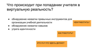 Что происходит при попадании учителя в
виртуальную реальность?
● обнаружение нехватки привычных инструментов для
организации учебной деятельности
● обнаружение нехватки навыков
● утрата идентичности
КТО Я И ЧТО ЗДЕСЬ ДЕЛАЮ?
КАК РАБОТАТЬ?
ЧЕМ РАБОТАТЬ?
 