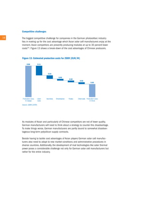 Competitive challenges

16 16   the biggest competitive challenge for companies in the German photovoltaic industry
        lies in making up for the cost advantage which asian solar cell manufacturers enjoy at the
        moment. asian competitors are presently producing modules at up to 30 percent lower
        costs32). Figure 13 shows a break-down of the cost advantages of chinese producers.




        as modules of asian and particularly of chinese competitors are not of lower quality,
        German manufacturers will need to think about a strategy to counter this disadvantage.
        to make things worse, German manufacturers are partly bound to somewhat disadvan-
        tageous long-term polysilicon supply contracts.

        Beside having to tackle cost advantages of asian players German solar cell manufac-
        turers also need to adapt to new market conditions and administrative procedures in
        diverse countries. additionally, the development of rival technologies like solar thermal
        power poses a considerable challenge not only for German solar cell manufacturers but
        rather for the entire industry.
 