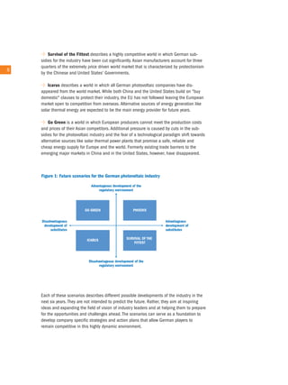 survival of the fittest describes a highly competitive world in which German sub-
        sidies for the industry have been cut significantly. asian manufacturers account for three
        quarters of the extremely price driven world market that is characterized by protectionism
6   6
        by the chinese and united States' Governments.

            Icarus describes a world in which all German photovoltaic companies have dis-
        appeared from the world market. While both china and the united States build on "buy
        domestic" clauses to protect their industry, the eu has not followed leaving the european
        market open to competition from overseas. alternative sources of energy generation like
        solar thermal energy are expected to be the main energy provider for future years.

            Go Green is a world in which european producers cannot meet the production costs
        and prices of their asian competitors. additional pressure is caused by cuts in the sub-
        sidies for the photovoltaic industry and the fear of a technological paradigm shift towards
        alternative sources like solar thermal power plants that promise a safe, reliable and
        cheap energy supply for europe and the world. Formerly existing trade barriers to the
        emerging major markets in china and in the united States, however, have disappeared.




        each of these scenarios describes different possible developments of the industry in the
        next six years. they are not intended to predict the future. rather, they aim at inspiring
        ideas and expanding the field of vision of industry leaders and at helping them to prepare
        for the opportunities and challenges ahead. the scenarios can serve as a foundation to
        develop company specific strategies and action plans that allow German players to
        remain competitive in this highly dynamic environment.
 