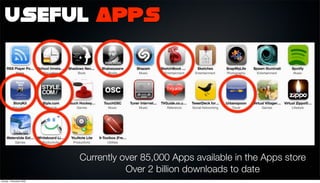 Useful Apps




                          Currently over 85,000 Apps available in the Apps store
                                     Over 2 billion downloads to date
Sunday, 1 November 2009
 