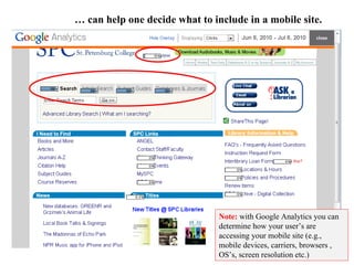Note:  with Google Analytics you can determine how your user’s are accessing your mobile site (e.g., mobile devices, carriers, browsers , OS’s, screen resolution etc.)  …  can help one decide what to include in a mobile site. 