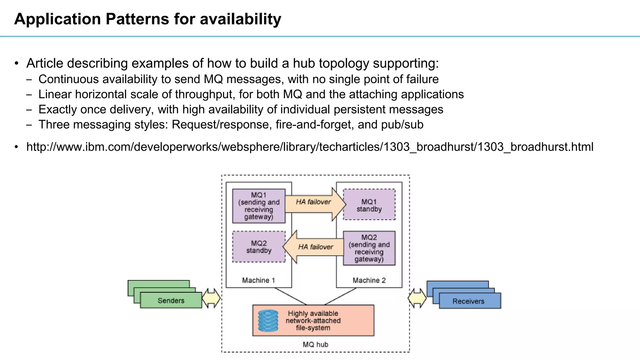 Application Patterns for availability
• Article describing examples of how to build a hub topology supporting:
‒ Continuous availability to send MQ messages, with no single point of failure
‒ Linear horizontal scale of throughput, for both MQ and the attaching applications
‒ Exactly once delivery, with high availability of individual persistent messages
‒ Three messaging styles: Request/response, fire-and-forget, and pub/sub
• http://www.ibm.com/developerworks/websphere/library/techarticles/1303_broadhurst/1303_broadhurst.html
 