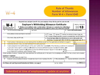 9
Rule of Thumb:
Number of Allowances
Form W-4 < Form1040
Submitted at time of employment; update at anytime
 