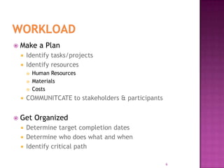  Make a Plan
 Identify tasks/projects
 Identify resources
 Human Resources
 Materials
 Costs
 COMMUNITCATE to stakeholders & participants
 Get Organized
 Determine target completion dates
 Determine who does what and when
 Identify critical path
6
 