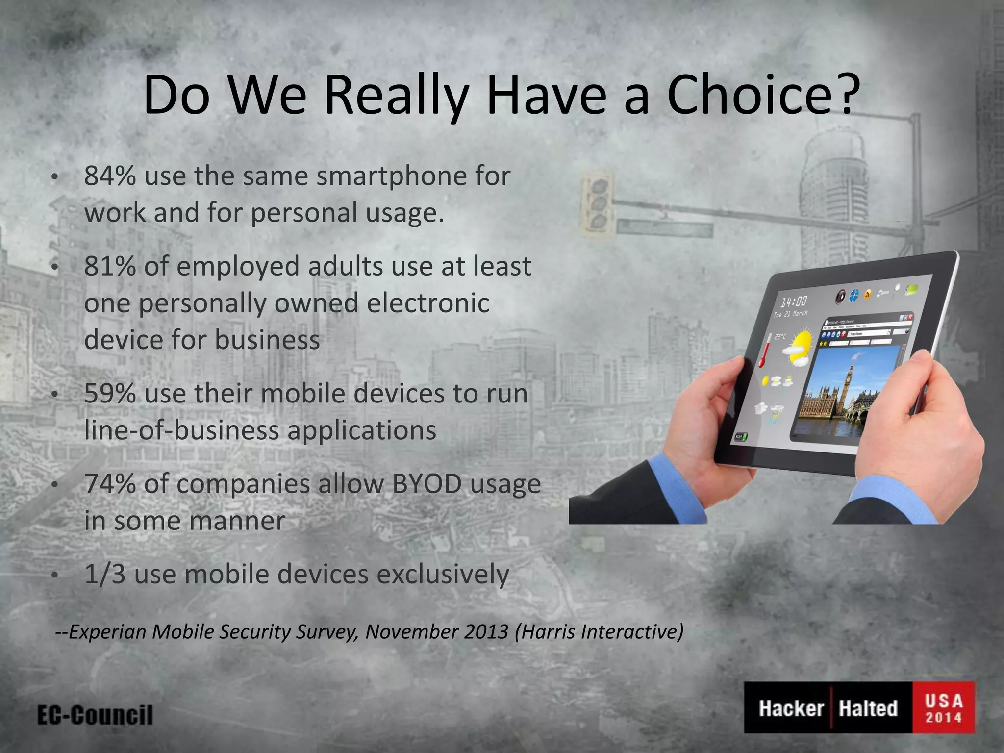Do We Really Have a Choice? 
•84% use the same smartphone for work and for personal usage. 
•81% of employed adults use at least one personally owned electronic device for business 
•59% use their mobile devices to run line-of-business applications 
•74% of companies allow BYOD usage in some manner 
•1/3 use mobile devices exclusively 
--Experian Mobile Security Survey, November 2013 (Harris Interactive)  
