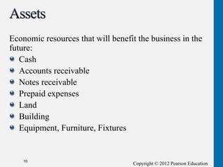Copyright © 2012 Pearson Education
Economic resources that will benefit the business in the
future:
Cash
Accounts receivable
Notes receivable
Prepaid expenses
Land
Building
Equipment, Furniture, Fixtures
10
 