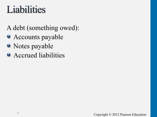Copyright © 2012 Pearson Education
A debt (something owed):
Accounts payable
Notes payable
Accrued liabilities
11
 