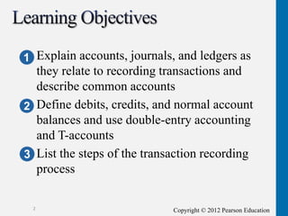 Copyright © 2012 Pearson Education
2
Explain accounts, journals, and ledgers as
they relate to recording transactions and
describe common accounts
Define debits, credits, and normal account
balances and use double-entry accounting
and T-accounts
List the steps of the transaction recording
process
 