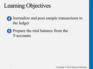 Copyright © 2012 Pearson Education
3
Journalize and post sample transactions to
the ledger
Prepare the trial balance from the
T-accounts
 
