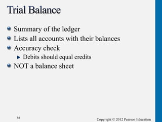 Copyright © 2012 Pearson Education
Summary of the ledger
Lists all accounts with their balances
Accuracy check
Debits should equal credits
NOT a balance sheet
54
 