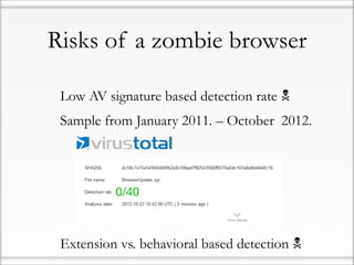 Risks of a zombie browser

• Low AV signature based detection rate 
• Sample from January 2011. – October 2012.

            0/40



• Extension vs. behavioral based detection 
 