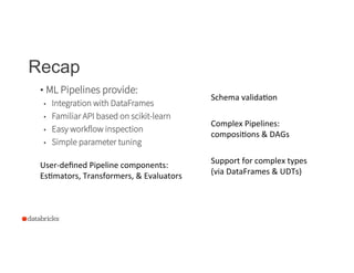 Recap
• ML Pipelines provide:
•  Integration with DataFrames
•  Familiar API based on scikit-learn
•  Easy workflow inspection
•  Simple parameter tuning
23
Complex	
  Pipelines:	
  
composicons	
  &	
  DAGs	
  
Schema	
  validacon	
  
User-­‐deﬁned	
  Pipeline	
  components:	
  
Escmators,	
  Transformers,	
  &	
  Evaluators	
  
Support	
  for	
  complex	
  types	
  
(via	
  DataFrames	
  &	
  UDTs)	
  
 