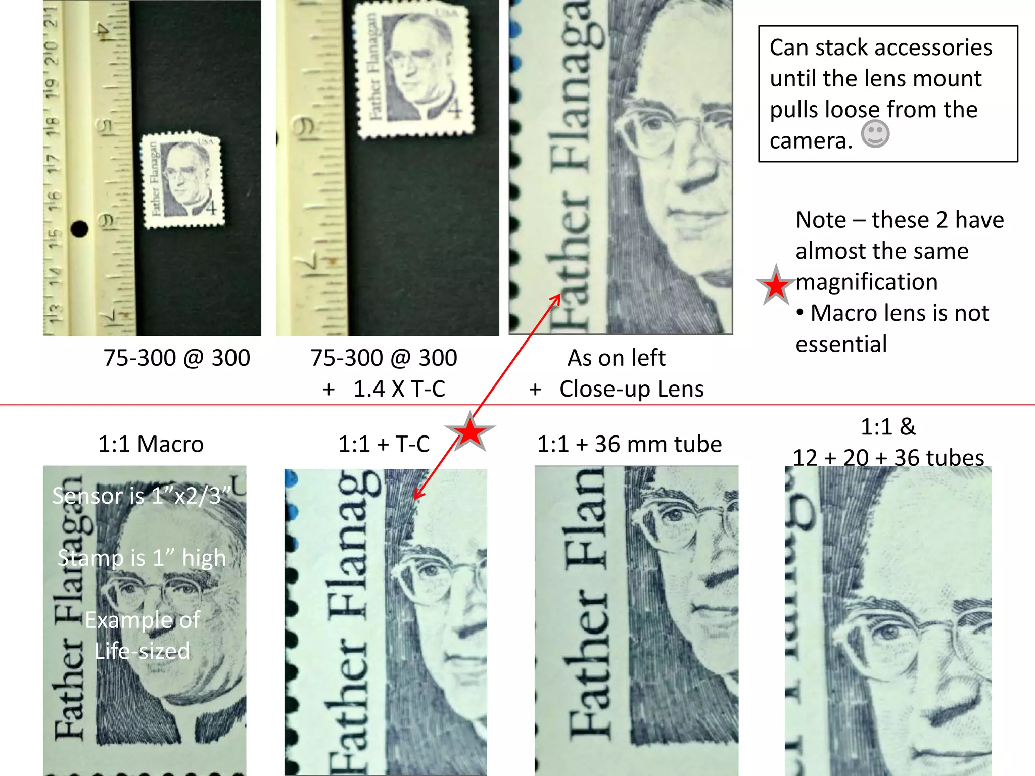 Can stack accessories
                                                      until the lens mount
                                                      pulls loose from the
                                                      camera.


                                                        Note – these 2 have
                                                        almost the same
                                                        magnification
                                                        • Macro lens is not
                                                        essential
    75-300 @ 300    75-300 @ 300      As on left
                     + 1.4 X T-C   + Close-up Lens
                                                              1:1 &
    1:1 Macro         1:1 + T-C    1:1 + 36 mm tube
                                                        12 + 20 + 36 tubes
Sensor is 1”x2/3”

Stamp is 1” high

   Example of
    Life-sized
 