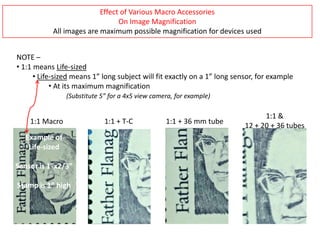 Effect of Various Macro Accessories
                                On Image Magnification
           All images are maximum possible magnification for devices used


NOTE –
• 1:1 means Life-sized
      • Life-sized means 1” long subject will fit exactly on a 1” long sensor, for example
            • At its maximum magnification
                 (Substitute 5” for a 4x5 view camera, for example)

                                                                                1:1 &
    1:1 Macro                 1:1 + T-C            1:1 + 36 mm tube
                                                                          12 + 20 + 36 tubes
   Example of
    Life-sized

Sensor is 1”x2/3”

Stamp is 1” high
 