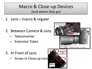 Macro & Close-up Devices
               (and where they go)

1. Lens – macro & regular

2. Between Camera & Lens
  – Teleconverter
  – Extension Tubes


3. In Front of Lens
  – Screw-in Close-up Lens
 