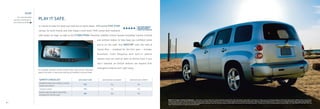 HHR
          For more detailed
    warranty information,     PLAY IT SAFE.
    visit chevy.com/hhr
                              It’s easier to have fun when you have less to worry about. HHR earned FIVE-STAR                              FIVE-STAR FRONTAL
                                                                                                                                           AND SIDE-IMPACT
                                                                                                                                           CRASH TEST RATINGS 1
                              ratings for both frontal and side-impact crash tests.1 HHR comes with standard

                              side-impact air bags,2 as well as the STABILITRAK Electronic Stability Control System (including Traction Control)

                                                                                                    and antilock brakes to help keep you confident while

                                                                                                    you’re on the road. And ONSTAR 3 with the Safe &

                                                                                                    Sound Plan — standard for the first year — includes

                                                                                                    Automatic Crash Response with built-in vehicle

                                                                                                    sensors that can send an alert to OnStar. Even if you

                                                                                                    don’t respond, an OnStar Advisor can request that

                                                                                                    emergency help be sent right away.
                              An available rearview camera system helps keep certain stationary
                              objects like bikes in view when backing up (available summer 2009).


                               SAFETY CHECKLIST                                2010 CHEVY HHR            2009 HONDA ELEMENT        2009 MAZDA5 SPORT
                               StabiliTrak Electronic Stability Control
                                                                                     YES                         Yes                       No
                               System (or similar)
                               Traction Control                                      YES                         Yes                       No
                               OnStar3 with the Safe & Sound Plan
                                                                                     YES                         No                        No
                               (standard for the first year)

                                                                                                                                                                  HHR 2LT shown in Silver Ice Metallic. 1 Side-impact crash test rating is for a model tested with standard head-curtain side-impact air bags (SABs). Government star ratings are part of the National Highway Traffic Safety Administration’s (NHTSA’s) New Car Assessment
                                                                                                                                                                  Program (www.safercar.gov). 2 Always use safety belts and the correct restraint for your child’s age and size. Even in vehicles equipped with the Passenger Sensing System, children are safer when properly secured in a rear seat in the appropriate infant, child or booster seat. Never place a
4                                                                                                                                                                 rear-facing infant restraint in the front seat of any vehicle equipped with a passenger air bag. See the Owner’s Manual and child safety seat instructions for more safety information. 3 OnStar acts as a link to existing emergency service providers. Call 1-888-4ONSTAR (1-888-466-7827), see
                                                                                                                                                                  page 14 and visit onstar.com for details and system limitations.
 
