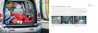 HHR
                                                                                                                                                                                                                                                                                                                                                        See a photo gallery of HHR at
                                                                                                                                                                                                                                                                                                                                                           chevy.com/hhr
                                                                                                                                                                                                           FOLD IT DOWN AND FILL IT UP.
                                                                                                                                                                                                           Besides having the room to store your things, HHR also has the FLEXIBILITY to keep them out of sight. You can

                                                                                                                                                                                                           carry people or stuff with 24 different interior configurations and 57.7 CU. FT. OF STORAGE SPACE.1 HHR also has

                                                                                                                                                                                                           a fold-flat front passenger seat; 60/40 split-bench rear seats with sturdy seatbacks;2 and MORE CARGO ROOM

                                                                                                                                                                                                           than MAZDA5, Scion xB and Kia Rondo. In fact, you can accommodate CARGO ITEMS UP TO EIGHT FEET in

                                                                                                                                                                                                           length by folding down the front and rear passenger seats. If you need room to play, HHR is game.




                                                                                                                                                                                                           Multiple storage bins throughout   Store larger valuables underneath the rear load floor   Composite seatbacks fold down to accommodate
                                                                                                                                                                                                           HHR make it easy to keep items     of HHR, leaving room on top for other items.            larger items and provide a durable surface when
                                                                                                                                                                                                           out of sight.                                                                              carrying cargo.




                                                                                                                                                                                                                                                                                                                                                                                        7
HHR 2LT shown in Silver Ice Metallic with available leather seating and rear quarter panel. 1 Cargo and load capacity limited by weight and distribution. 2 HHR models only. Not available on HHR Panel.
 