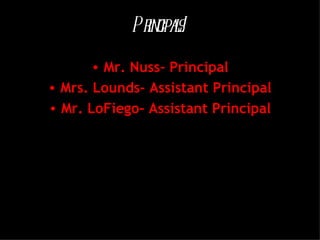 Mr. Nuss- Principal Mrs. Lounds- Assistant Principal Mr. LoFiego- Assistant Principal Principals! 
