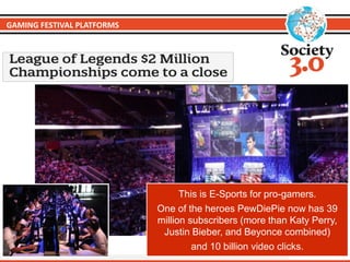GAMING FESTIVAL PLATFORMS
This is E-Sports for pro-gamers.
One of the heroes PewDiePie now has 39
million subscribers (more than Katy Perry,
Justin Bieber, and Beyonce combined)
and 10 billion video clicks.
 
