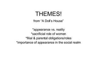 THEMES! from “A Doll’s House” *appearance vs. reality *sacrificial role of women *filial & parental obligations/roles *importance of appearance in the social realm 