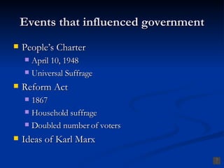 Events that influenced government People’s Charter April 10, 1948 Universal Suffrage Reform Act 1867 Household suffrage Doubled number of voters Ideas of Karl Marx 