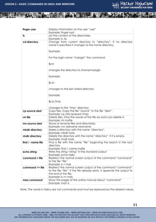 LESSON 2 – BASIC COMMANDS IN LINUX AND WINDOWS




           finger user         Display information on the user “user”
                               Example: finger root
           ls                  List the content of the directories
                               Example: ls -la
           cd directory        Change from current directory to “directory”. If no directory
                               name is specified it changes to the home directory,

                               Example:

                               For the login name “mylogin” the command

                               $cd

                               changes the directory to /home/mylogin

                               Example:

                               $cd -

                               changes to the last visited directory

                               Example:

                               $cd /tmp

                               changes to the “tmp” directory
           cp source dest      Copy files. Copy the file “source” to the file “dest”.
                               Example: cp /etc/passwd /tmp
           rm file             Delete files. Only the owner of the file (or root) can delete it.
                               Example: rm myfile
           mv source dest      Move or rename files and directories.
                               Example: mv oldname newname
           mkdir directory     Make a directory with the name “directory”.
                               Example: mkdir tools
           rmdir directory     Delete the directory with the name “directory” if it is empty.
                               Example: rmdir tools
           find / -name file   Find a file with the name “file” beginning the search in the root
                               directory
                               Example: find / -name myfile
           echo string         Write the string “string” in the standard output
                               Example: echo hello
           command > file      Redirect the normal screen output of the command “command”
                               to the file “file”
                               Example: ls > myls
           command >> file     Redirect the normal screen output of the command “command”
                               to the file “file”. If the file already exists, it appends the output to
                               the end of the file.
                               Example: ls >> myls
           man command         Show the pages of the online manual about “command”
                               Example: man ls

          Note: The words in italics are not commands and must be replaced by the desired values.




                                                                                                          11
 