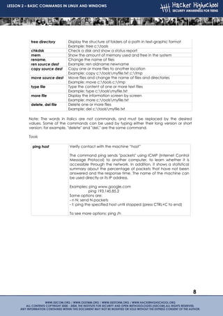 LESSON 2 – BASIC COMMANDS IN LINUX AND WINDOWS




           tree directory     Display the structure of folders of a path in text-graphic format
                              Example: tree c:tools
           chkdsk             Check a disk and show a status report
           mem                Show the amount of memory used and free in the system
           rename,            Change the name of files
           ren source dest    Example: ren oldname newname
           copy source dest   Copy one or more files to another location
                              Example: copy c:toolsmyfile.txt c:tmp
           move source dest   Move files and change the name of files and directories
                              Example: move c:tools c:tmp
           type file          Type the content of one or more text files
                              Example: type c:toolsmyfile.txt
           more file          Display the information screen by screen
                              Example: more c:toolsmyfile.txt
           delete, del file   Delete one or more files
                              Example: del c:toolsmyfile.txt

          Note: The words in italics are not commands, and must be replaced by the desired
          values. Some of the commands can be used by typing either their long version or short
          version; for example, "delete" and "del‚" are the same command.

          Tools

            ping host          Verify contact with the machine “host”

                               The command ping sends "packets" using ICMP (Internet Control
                               Message Protocol) to another computer, to learn whether it is
                               accessible through the network. In addition, it shows a statistical
                               summary about the percentage of packets that have not been
                               answered and the response time. The name of the machine can
                               be used directly or its IP address.

                               Examples: ping www.google.com
                                           ping 193.145.85.2
                               Some options are:
                               - n N: send N packets
                               - t: ping the specified host until stopped (press CTRL+C to end)

                               To see more options: ping /h




                                                                                                     8
 