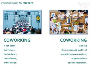COWORKING ISAN ENABLER
COWORKING
is not about
the venues,
the hardware,
the software,
or the design.
COWORKING
is about
the number and quality of
serendipitous connections,
opportunities &
open collaboration.
 
