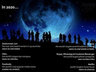 Airbnb,
the world’s largest accommodation provider
owns no real estate or beds.
Skype, WhatsApp & Facebook Messenger
the world largest phone companies
own no telco infra
Netflix
world’s largest movie house
owns no cinemas
Seats2meet.com
has over 200 cowork centers in 29 countries
owns no real estate
Uber,
the world’s largest taxi company
owns no vehicles.
Facebook,
the world’s most popular media owner
creates no content.
In 2020…
 