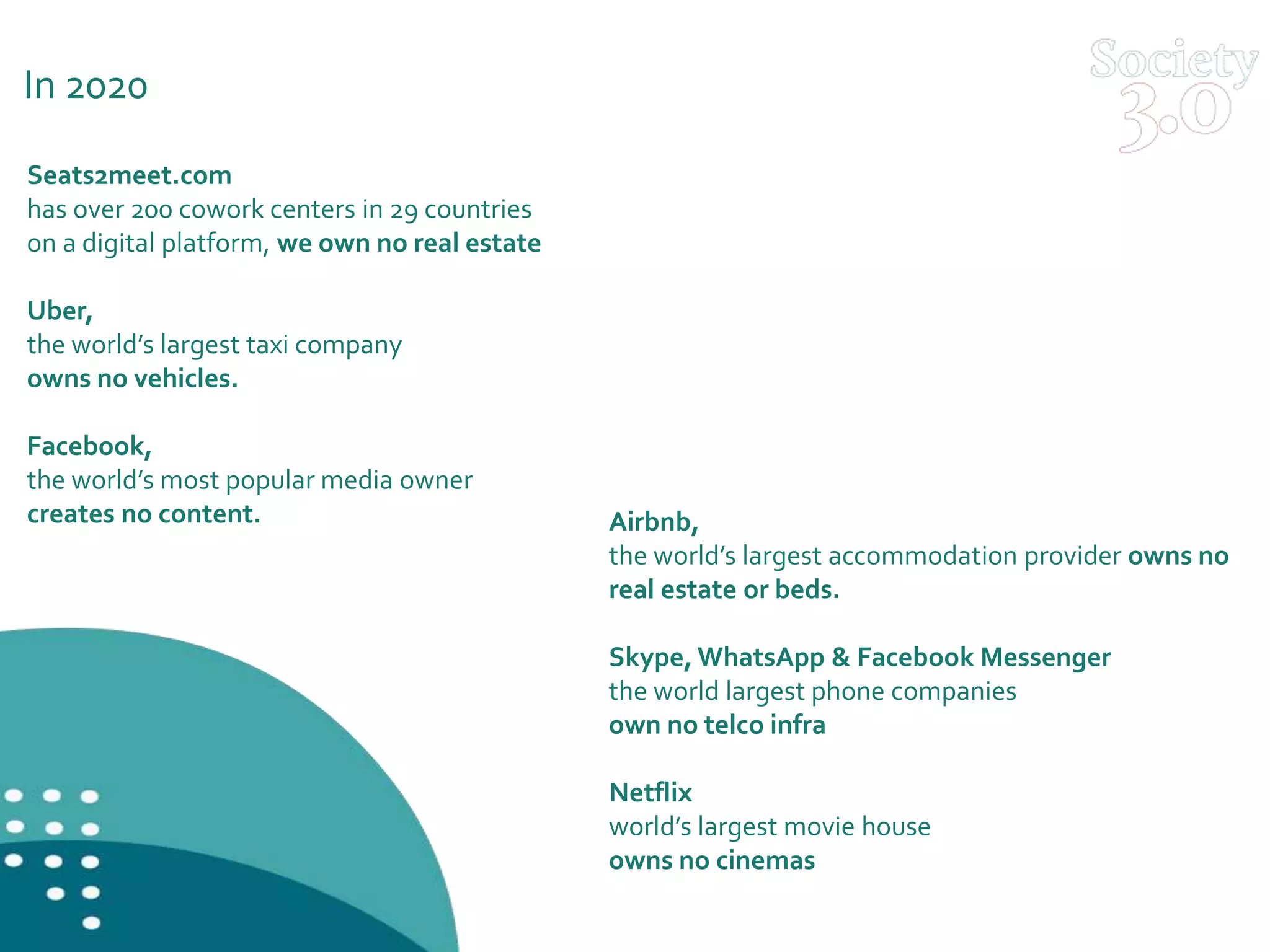 Airbnb,
the world’s largest accommodation provider owns no
real estate or beds.
Skype, WhatsApp & Facebook Messenger
the world largest phone companies
own no telco infra
Netflix
world’s largest movie house
owns no cinemas
Seats2meet.com
has over 200 cowork centers in 29 countries
on a digital platform, we own no real estate
Uber,
the world’s largest taxi company
owns no vehicles.
Facebook,
the world’s most popular media owner
creates no content.
In 2020
 