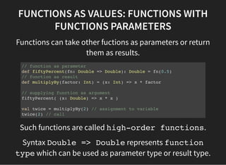 FUNCTIONS AS VALUES: FUNCTIONS WITH
FUNCTIONS PARAMETERS
Functions can take other fuctions as parameters or return
them as...