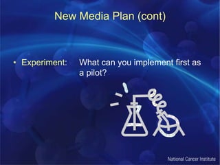 New Media Plan (cont)Experiment: 	What can you implement first as 			a pilot?