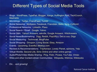 Different Types of Social Media ToolsBlogs:  WordPress, TypePad, Blogger, Xanga, Huffington Post, TechCrunch, MashableMicroblogs:  Twitter, FriendFeed, TumblrSocial Networks:  MySpace, Facebook, Friendster, Bebo, Ning, CyWorldProfessional Networks:  LinkedIn, PlaxoSocial Search / Email:  Google, YahooSocial Q&A:  Yahoo! Answers, askville, Google Answers, WikiAnswersSocial News/Bookmarking:  Digg, Reddit, PopURLs, Del.ici.ous, DiigoSocial Measuring:  Technorati, BlogPulseSocial Shopping:  Groupon, Living Social, Ebay, AmazonEvents:  Upcoming, Eventful, Meetup.comReviews & Recommendations: TripAdvisor, Lonely Planet, epinions, YelpVirtual Worlds: Second Life, Sims Online and other online gamesAudio/Photo/Video Media Sharing:  Ping, Flickr, Picasa, YouTube, VimeoWikis and other Content-driven Communities:  Wikipedia, Wikihow, WikibooksEtc… and growing!