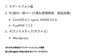 1. ީ`ȥե
2. PCһک`(ƷԔ)
? CentOS 6.7, nginx, HHVM 3.5.0
? FuelPHP 1.7.2
3. ɥǥ(ȥ)
? Wordpress
줾줬gΥץꥱ`ȤƼڃP
nginxURL/UAԪ˥Щ`ץ
 