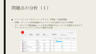 問題点の分析（１）
■ ファーストバイトダウンロードタイム（TTFB）の遅延問題
– TTFB：サーバへの初回接続から１バイト目を受信するまでの時間
– サーバサイドで動的Webページ生成に時間がかかっている可能性があるので
サーバのスペックアップなどの検討が必要
 