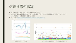 改善目標の設定
• パフォーマンストレンドが２秒を切れるように
• モバイル端末3G回線からのアクセス品質をブロードバンド回線に近づけるアクセスタ
イムのばらつきを無くし品質を一定に
• 詳しくは https://html5experts.jp/yusuke-naka/13671/
パフォーマンストレンド パフォーマンストレンド（スキャッタープロット）
 
