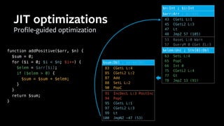 83 CGetL L:4
85 CGetL2 L:2
87 Add
88 SetL L:2
90 PopC
$sum:Dbl ; $elem:Dbl
Proﬁle-guided optimization
JIT optimizations 43 CGetL L:1
45 CGetL2 L:3
47 Lt
48 JmpZ 57 (105)
$n:Int ; $i:Int
53 BaseL L:0 Warn
57 QueryM 0 CGet EL:3
$arr:Arr ; $i:Int
63 SetL L:4
65 PopC
66 Int 0
75 CGetL2 L:4
77 Gt
78 JmpZ 13 (91)
$elem:Unc ; Stk{0}:Dblfunction addPositive($arr, $n) {
$sum = 0;
for ($i = 0; $i < $n; $i++) {
$elem = $arr[$i];
if ($elem > 0) {
$sum = $sum + $elem;
}
}
return $sum;
}
91 IncDecL L:3 PostInc
94 PopC
95 CGetL L:1
97 CGetL2 L:3
99 Lt
100 JmpNZ -47 (53)
 