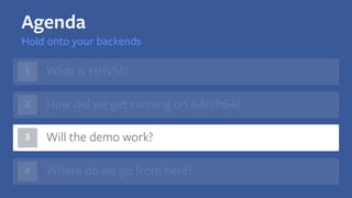 Will the demo work?
1
4
3
Where do we go from here?
How did we get running on AArch64?2
What is HHVM?
Agenda
Hold onto your backends
 