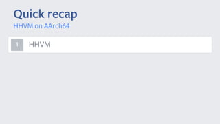 Quick recap
HHVM on AArch64
1 HHVM
 