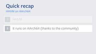 Quick recap
HHVM on AArch64
1
It runs on AArch64 (thanks to the community)2
HHVM
 