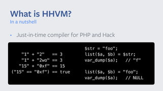 • Just-in-time compiler for PHP and Hack
What is HHVM?
In a nutshell
"1" + "2" == 3
"1" + "2wo" == 3
"15" + "0xf" == 15
("15" == "0xf") == true
$str = "foo";
list($a, $b) = $str;
var_dump($a); // "f"
list($a, $b) = "foo";
var_dump($a); // NULL
 