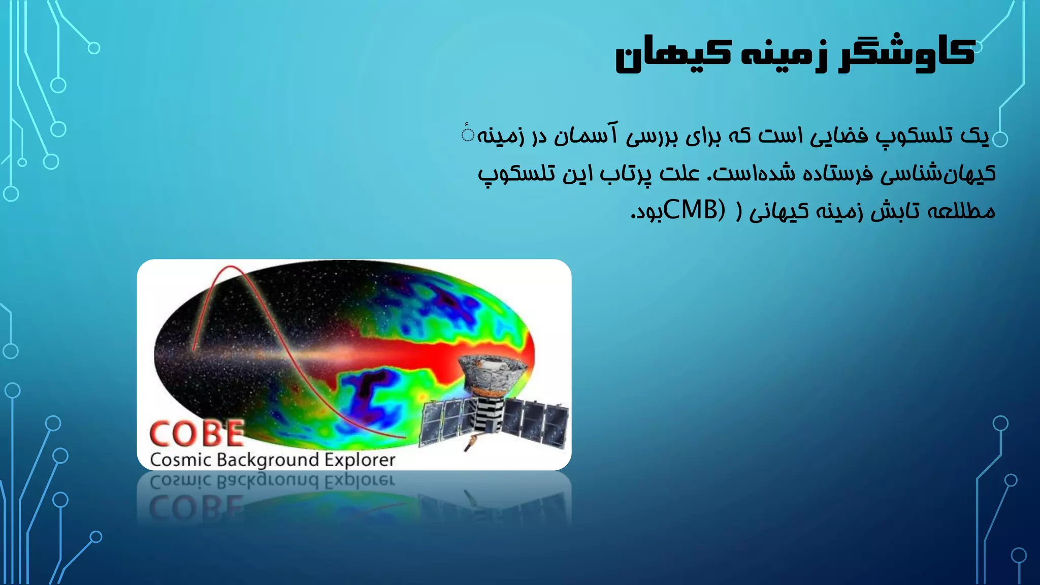 کاوشگر زمینه کیهان 
یک تلسکوپ فضایی است که برای بررسی آسمان در زمینه کیهان شناسی فرستاده شد هاست. علت پرتاب این تلسکوپ 
مطللعه تابش زمینه کیهانی ) CMB) بود. 
 