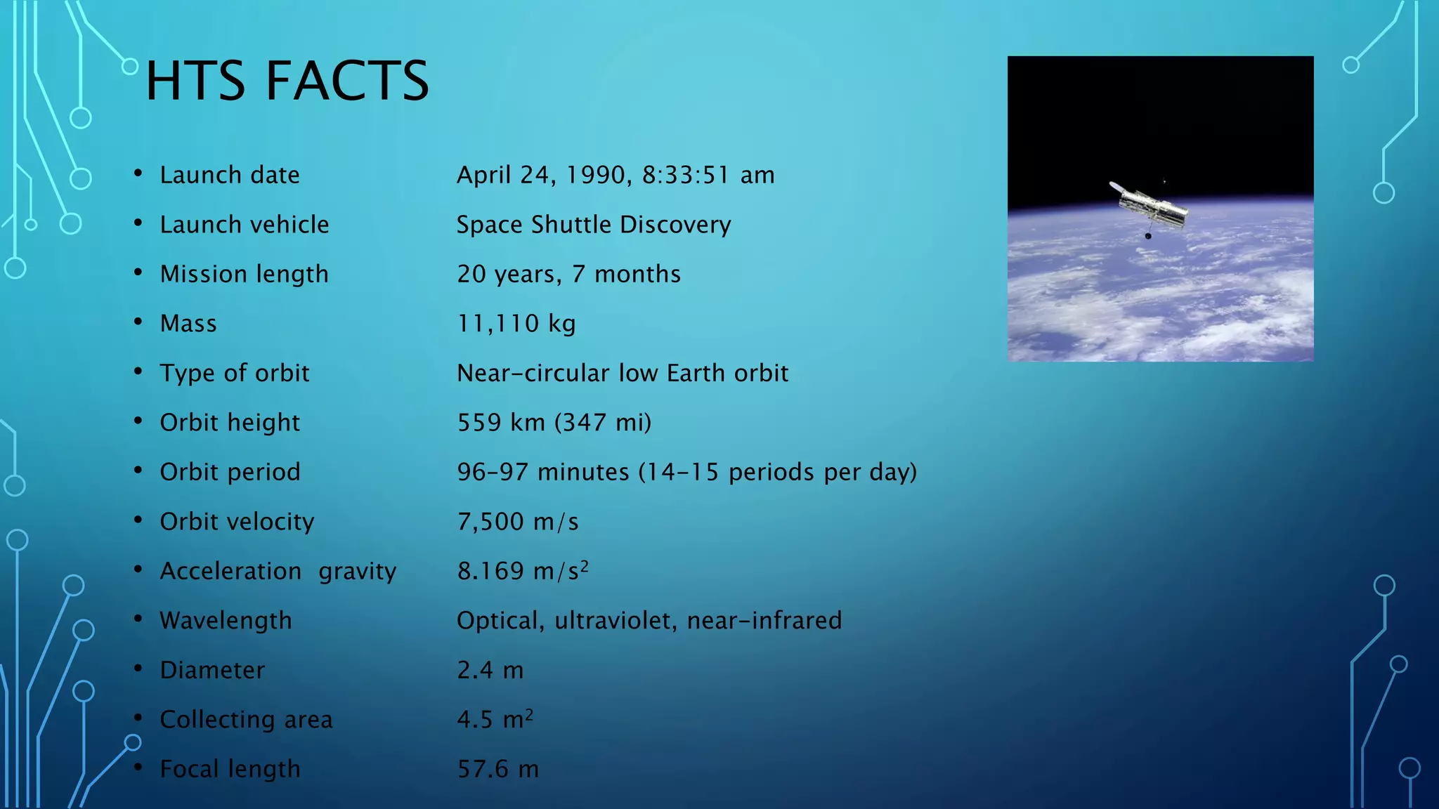 HTS FACTS 
•Launch dateApril 24, 1990, 8:33:51 am 
•Launch vehicleSpace Shuttle Discovery 
•Mission length20 years, 7 months 
•Mass11,110 kg 
•Type of orbitNear-circular low Earth orbit 
•Orbit height559 km (347 mi) 
•Orbit period96–97 minutes (14-15 periods per day) 
•Orbit velocity7,500 m/s 
•Acceleration gravity8.169 m/s2 
•WavelengthOptical, ultraviolet, near-infrared 
•Diameter2.4 m 
•Collecting area4.5 m2 
•Focal length57.6 m  