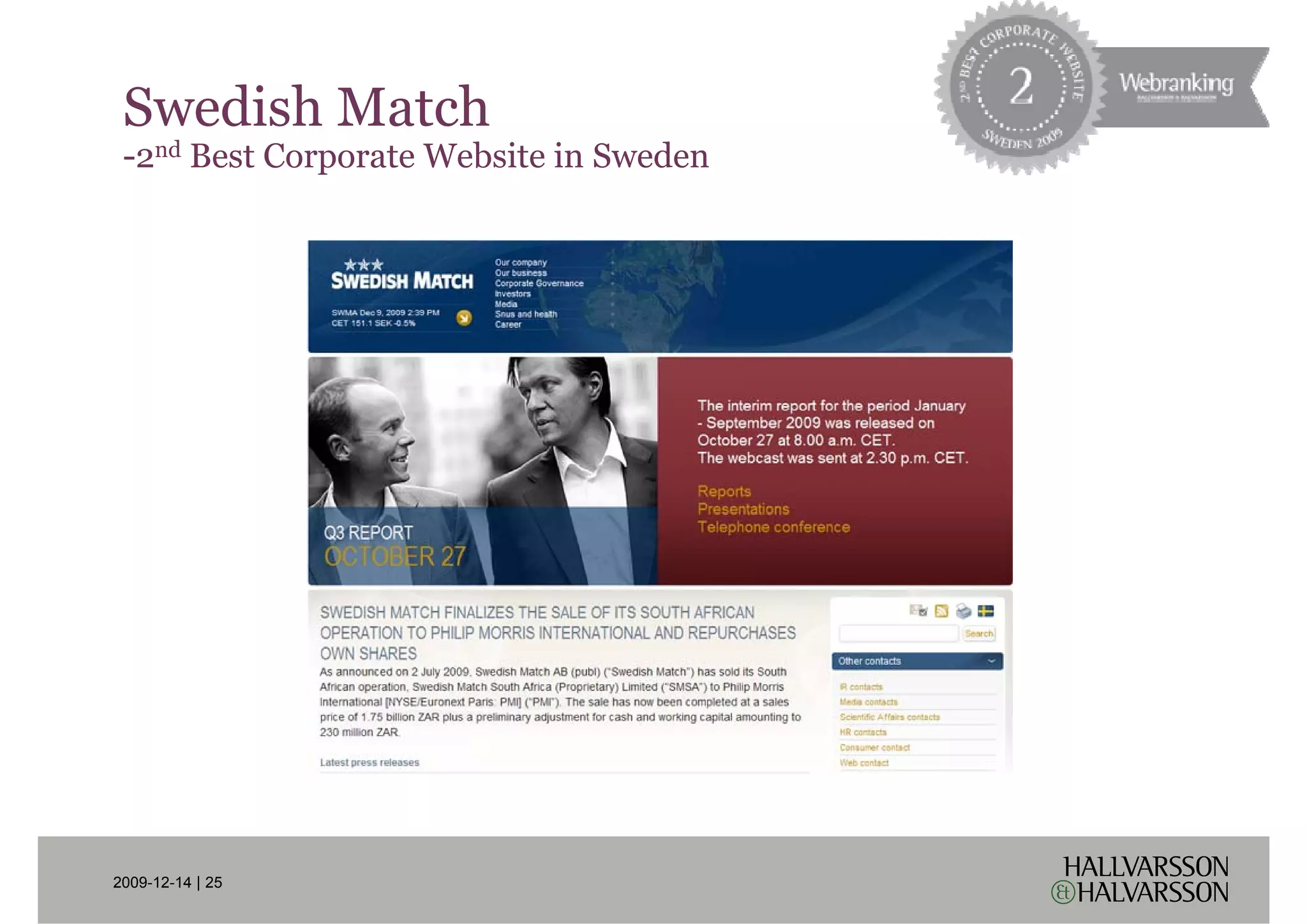 Swedish Match
 -2nd Best Corporate Website in Sweden




2009-12-14 | 25
 