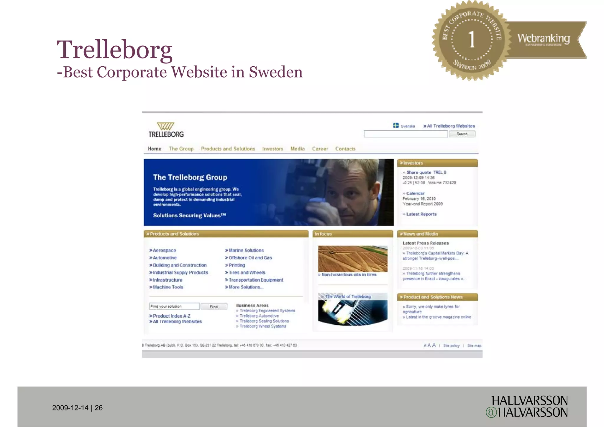 Trelleborg
 -Best Corporate Website in Sweden




2009-12-14 | 26
 