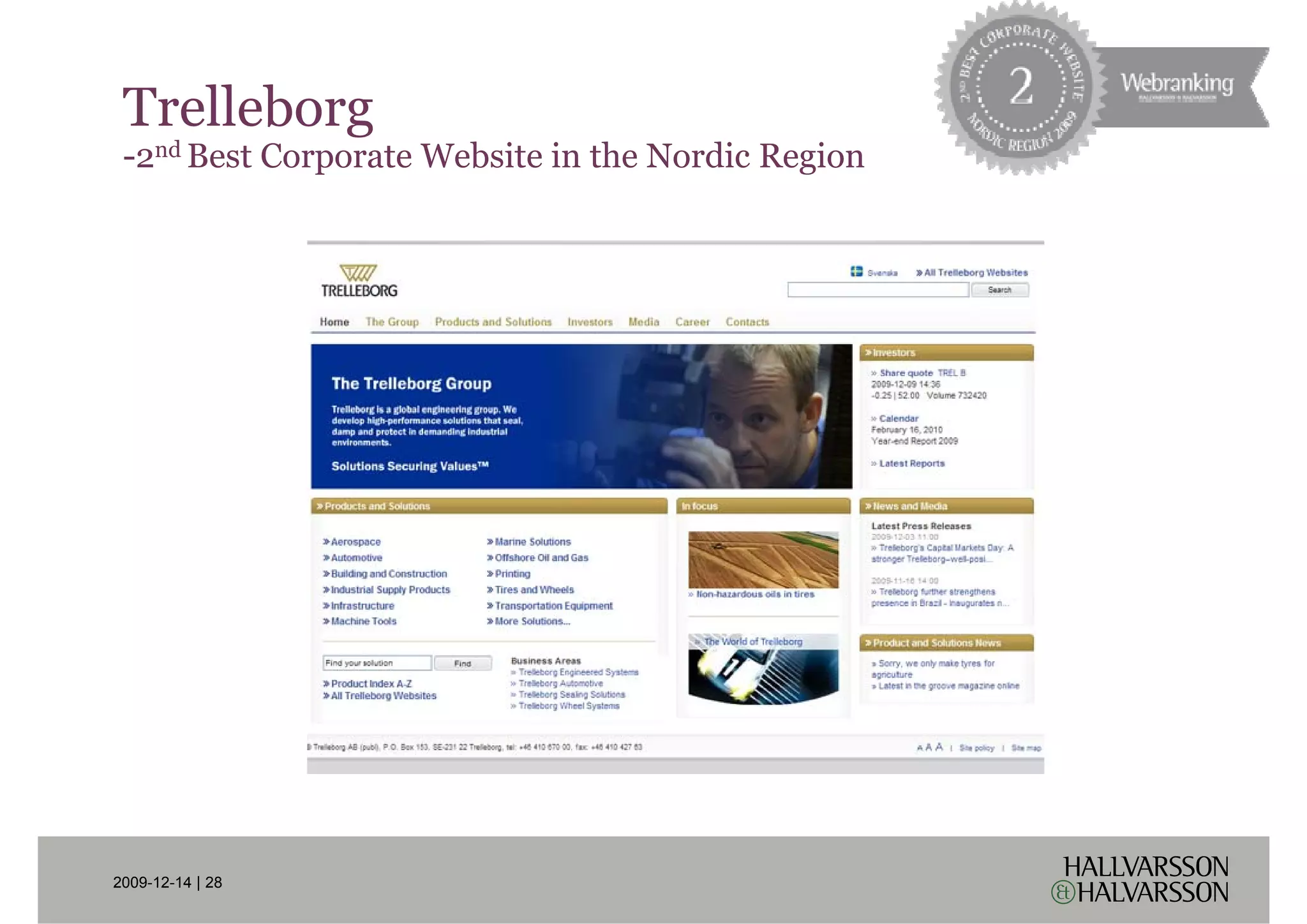 Trelleborg
 -2nd Best Corporate Website in the Nordic Region




2009-12-14 | 28
 