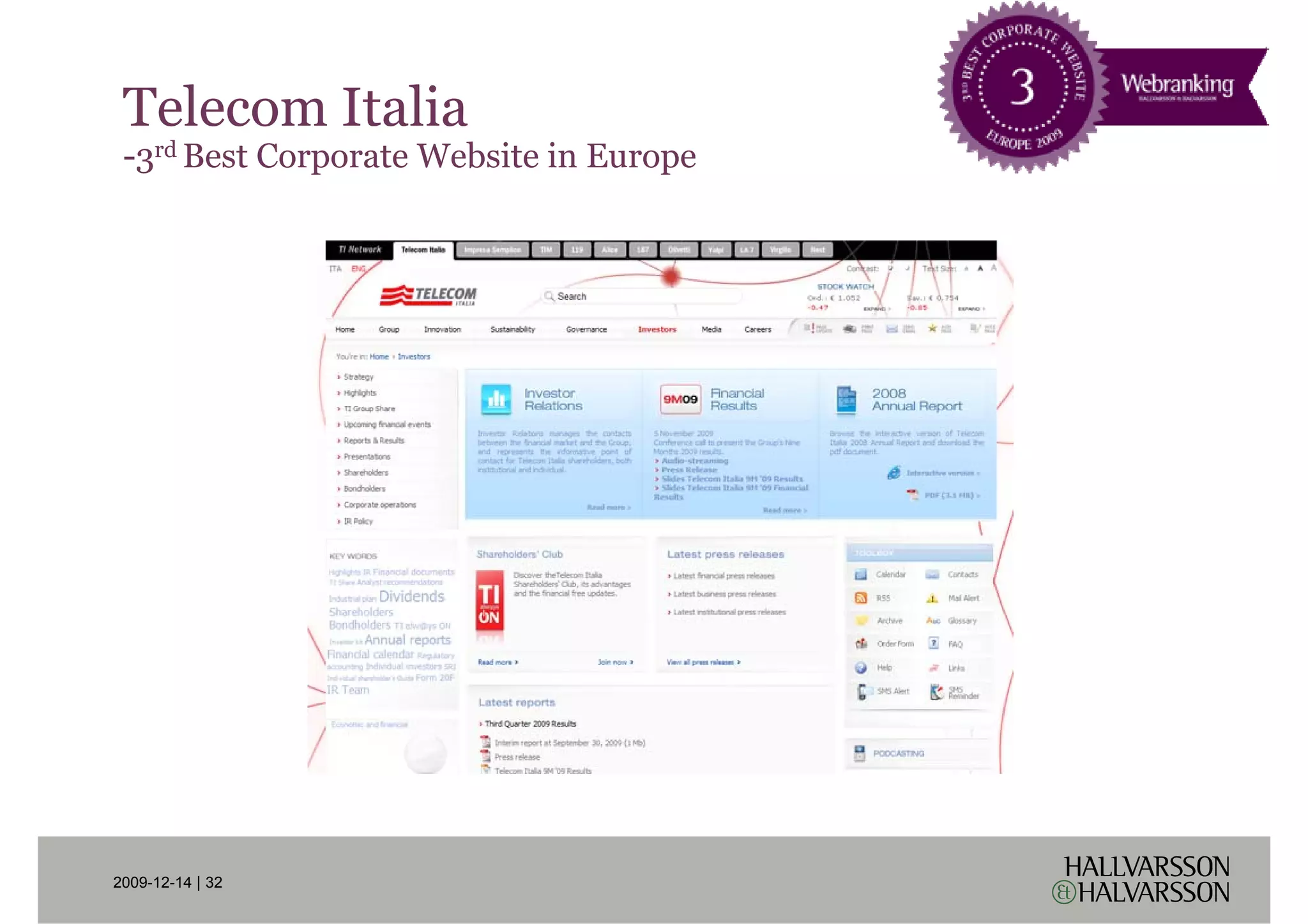 Telecom Italia
 -3rd Best Corporate Website in Europe




2009-12-14 | 32
 